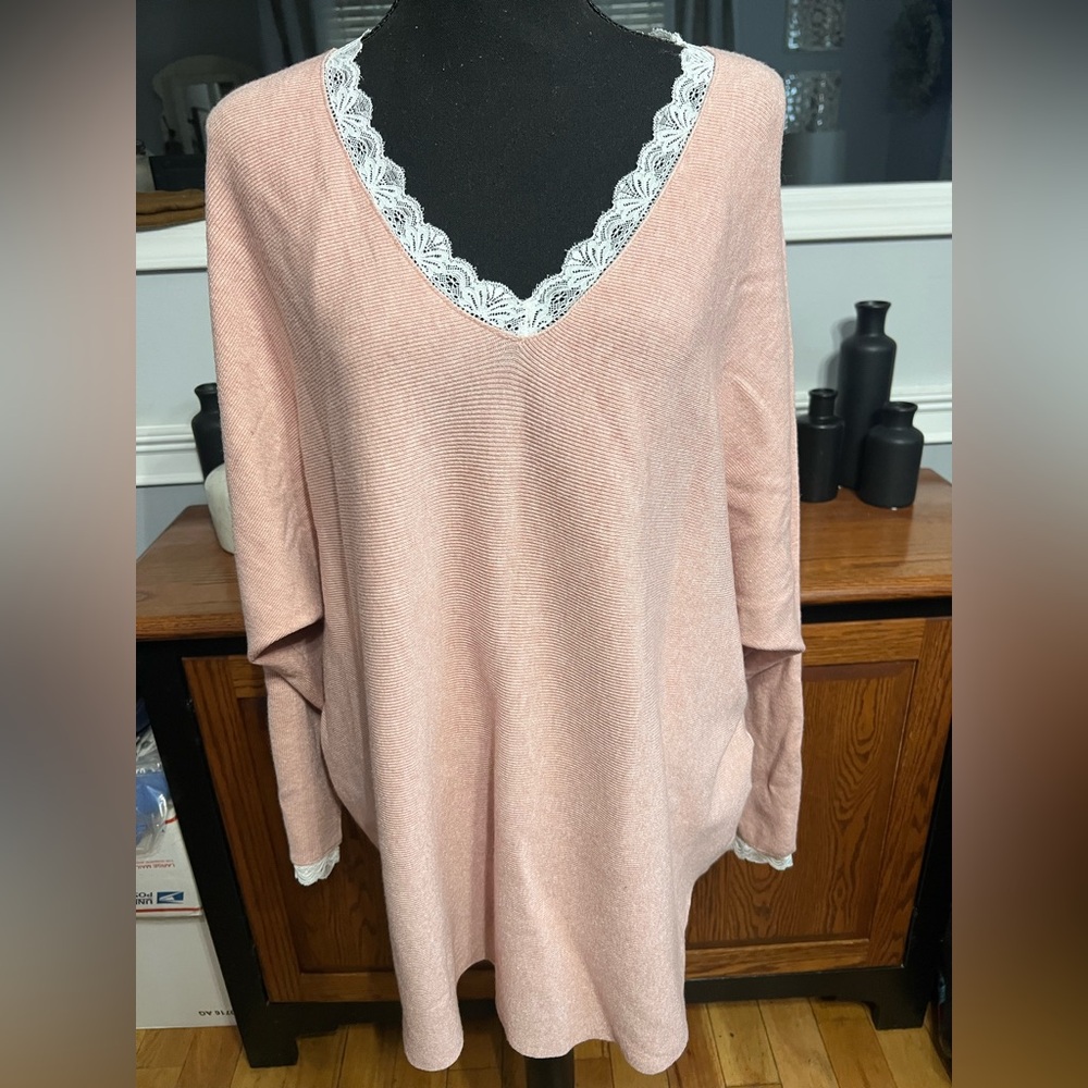 Siani-Pink V-Neck Sweater with Lace Trim. NWT